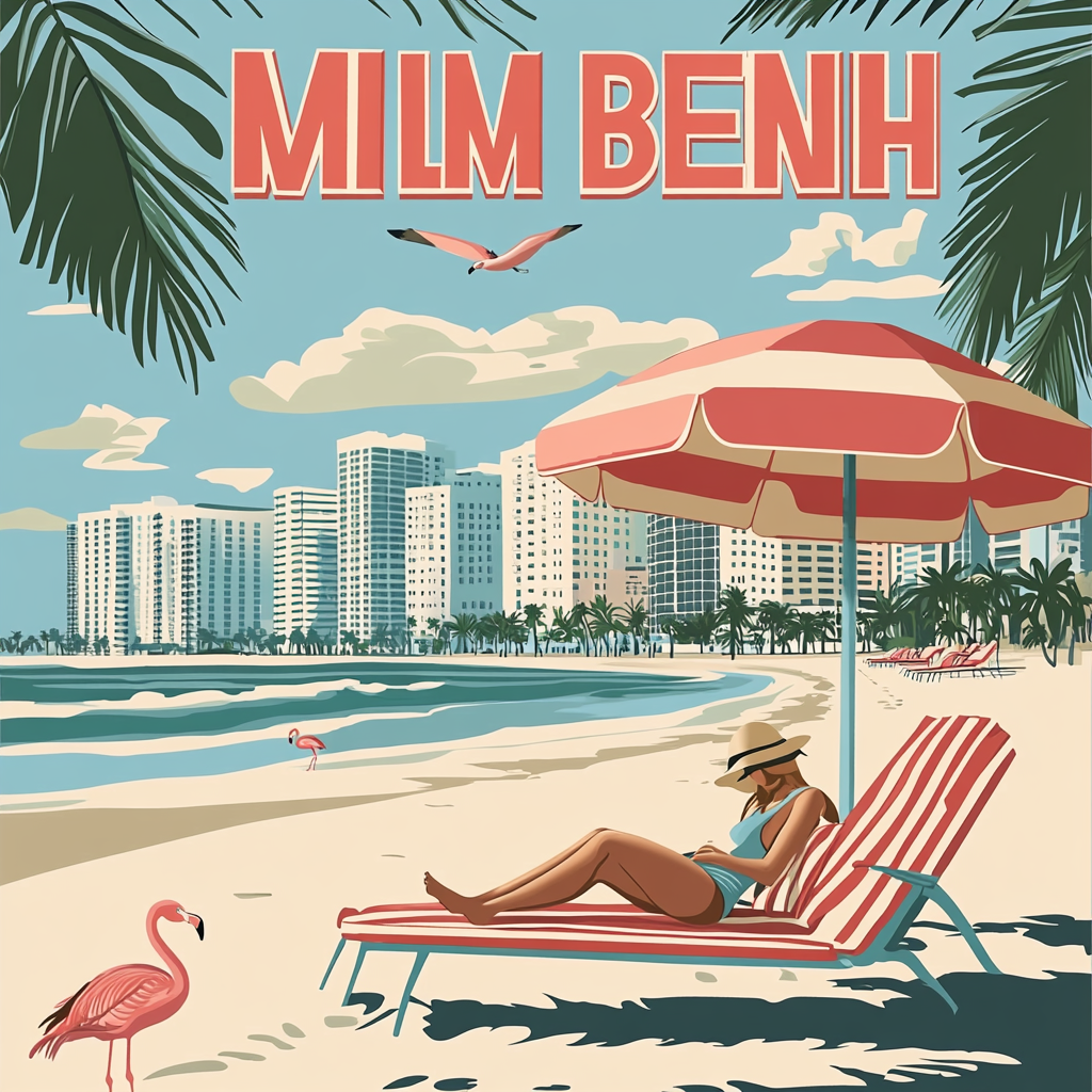 Vintage Miami Beach travel poster with pastel colors.