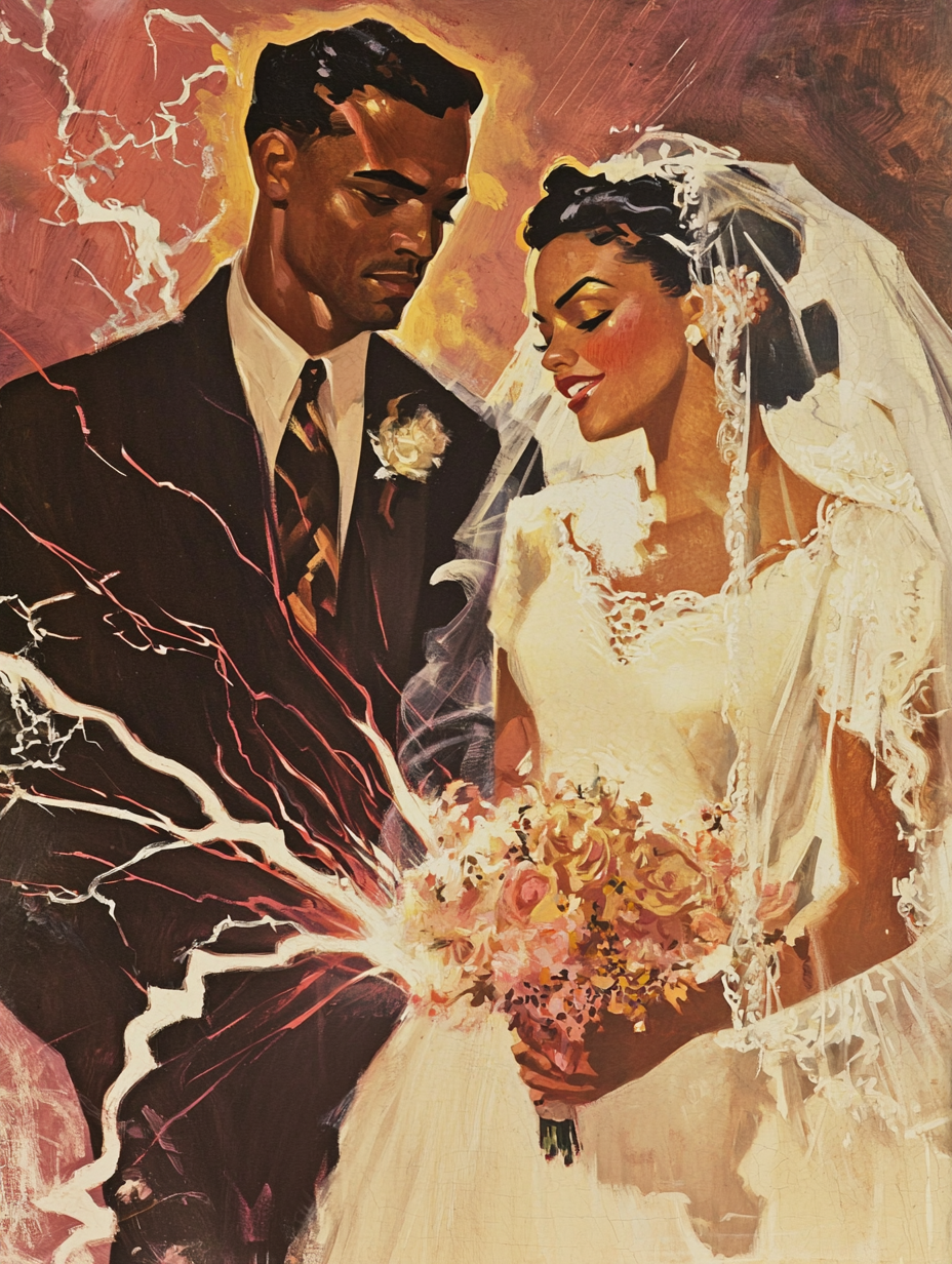 Vintage book cover with African American bride and white groom, split page, lightning bolt, mystery style, realistic, 1930s.