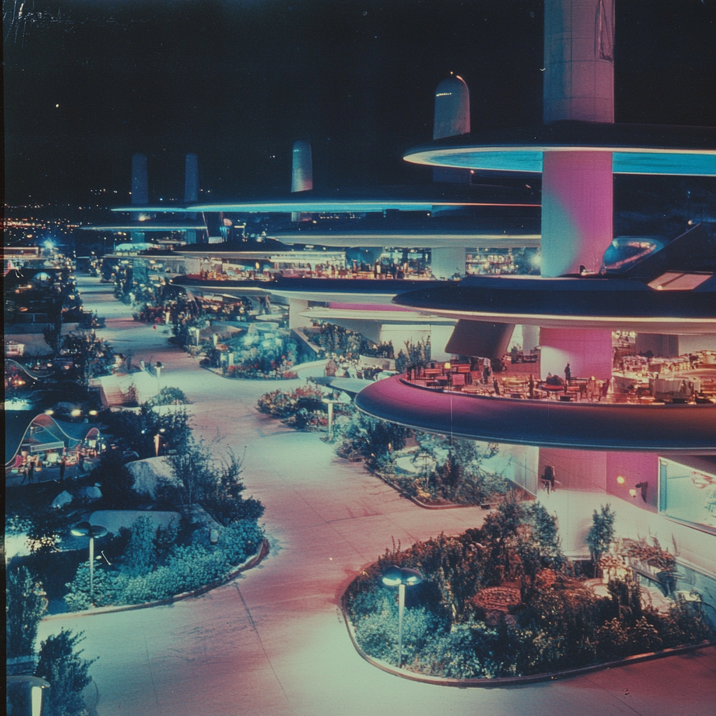 Vintage polaroid of space station at night, 1960s vibes.