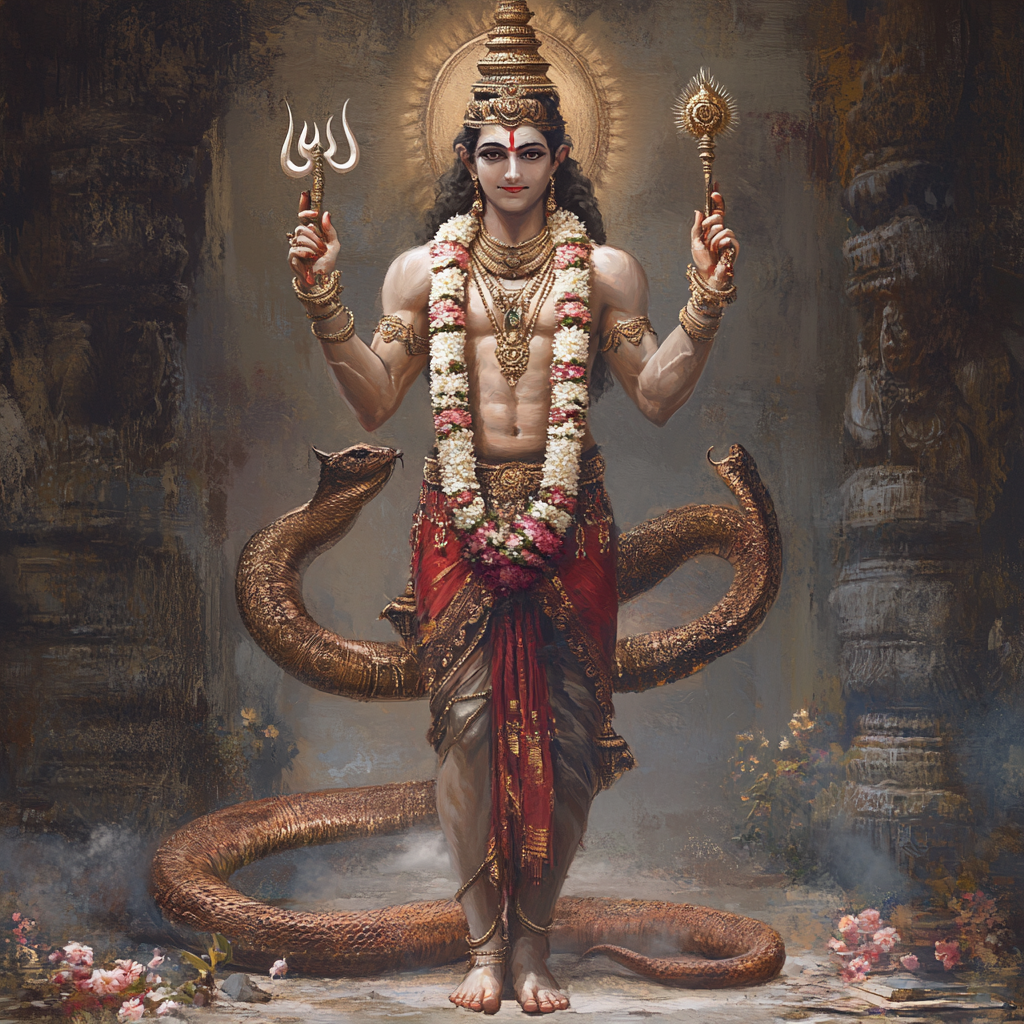 Vishnu in namaskar mudra with snake body.