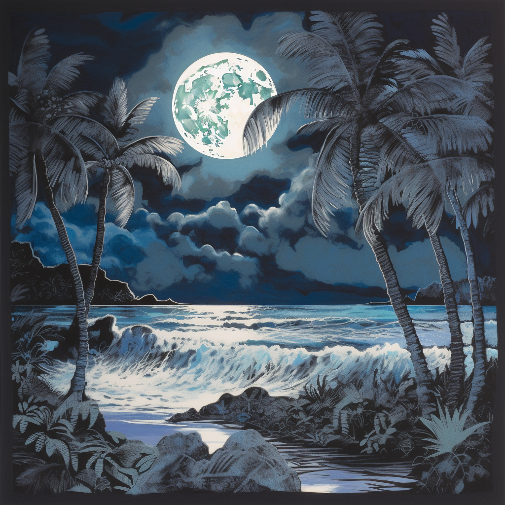 Vivid moonlit beach scene with palm trees and ocean waves