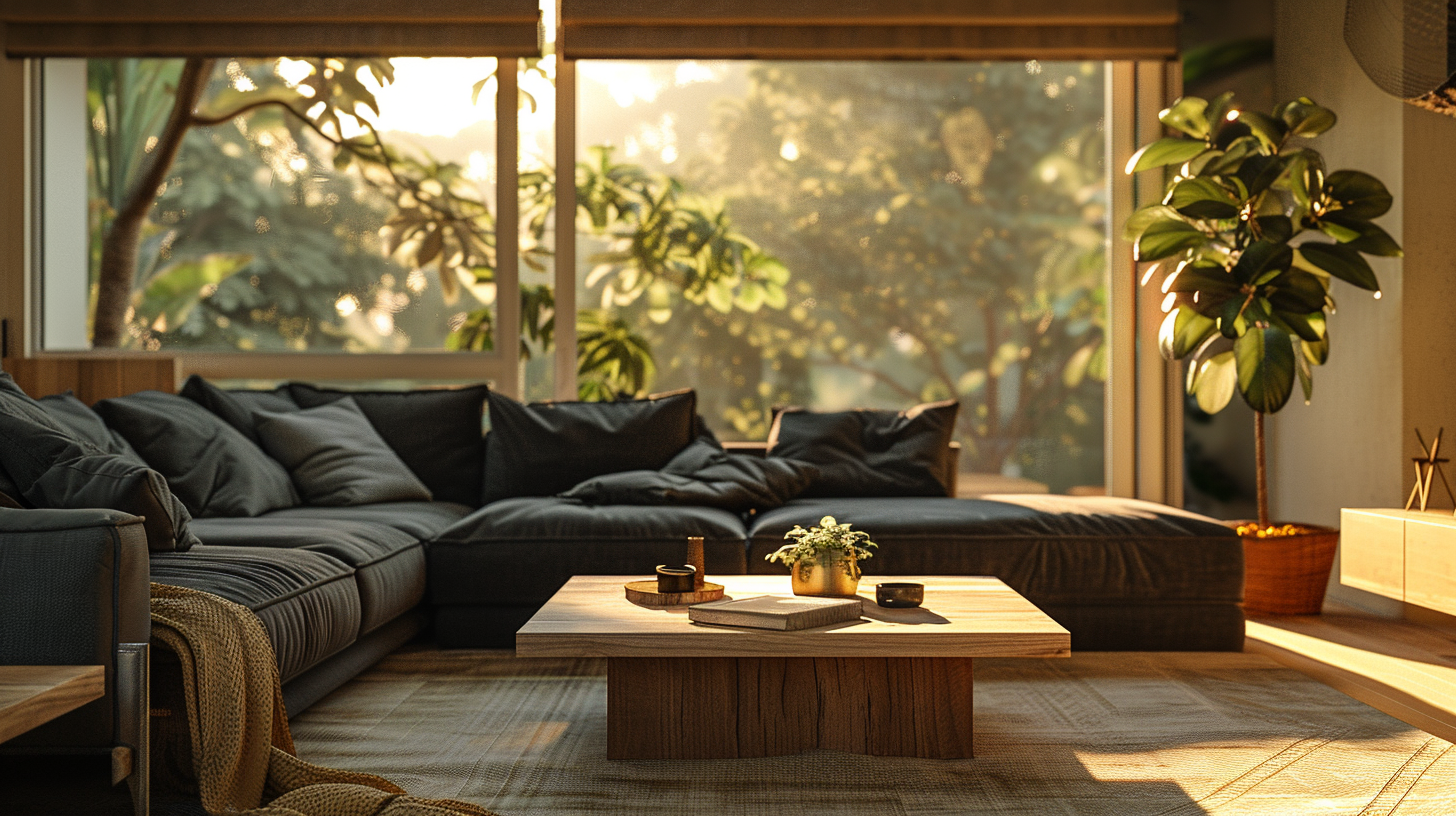 Warm living room with dark sectional sofas, wooden table.