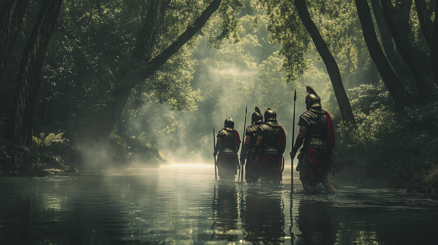 Warriors crossing river with armor, mist rising, forest around.