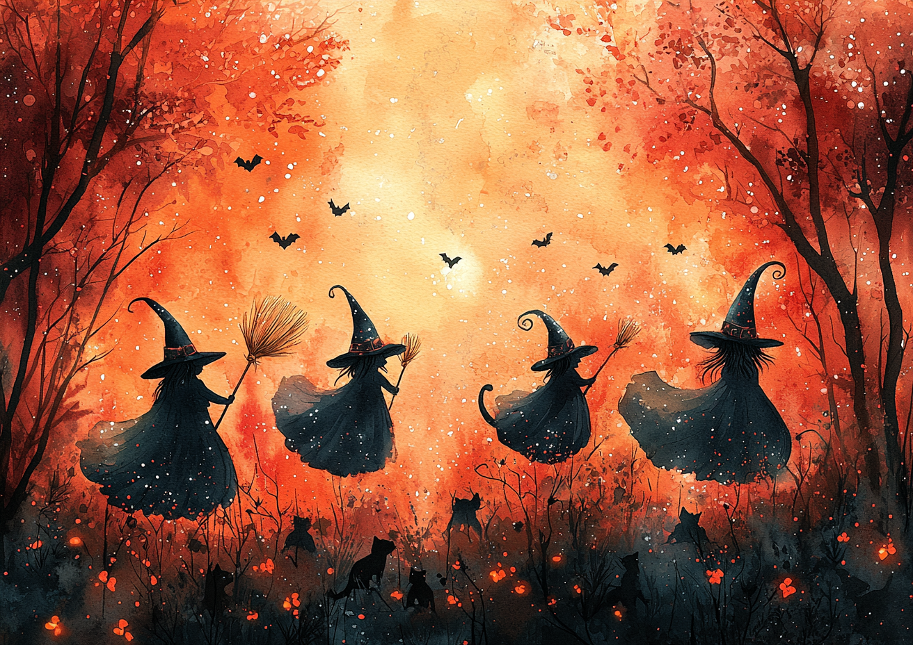 Watercolor Halloween card with witches, black cats, magical vibe.