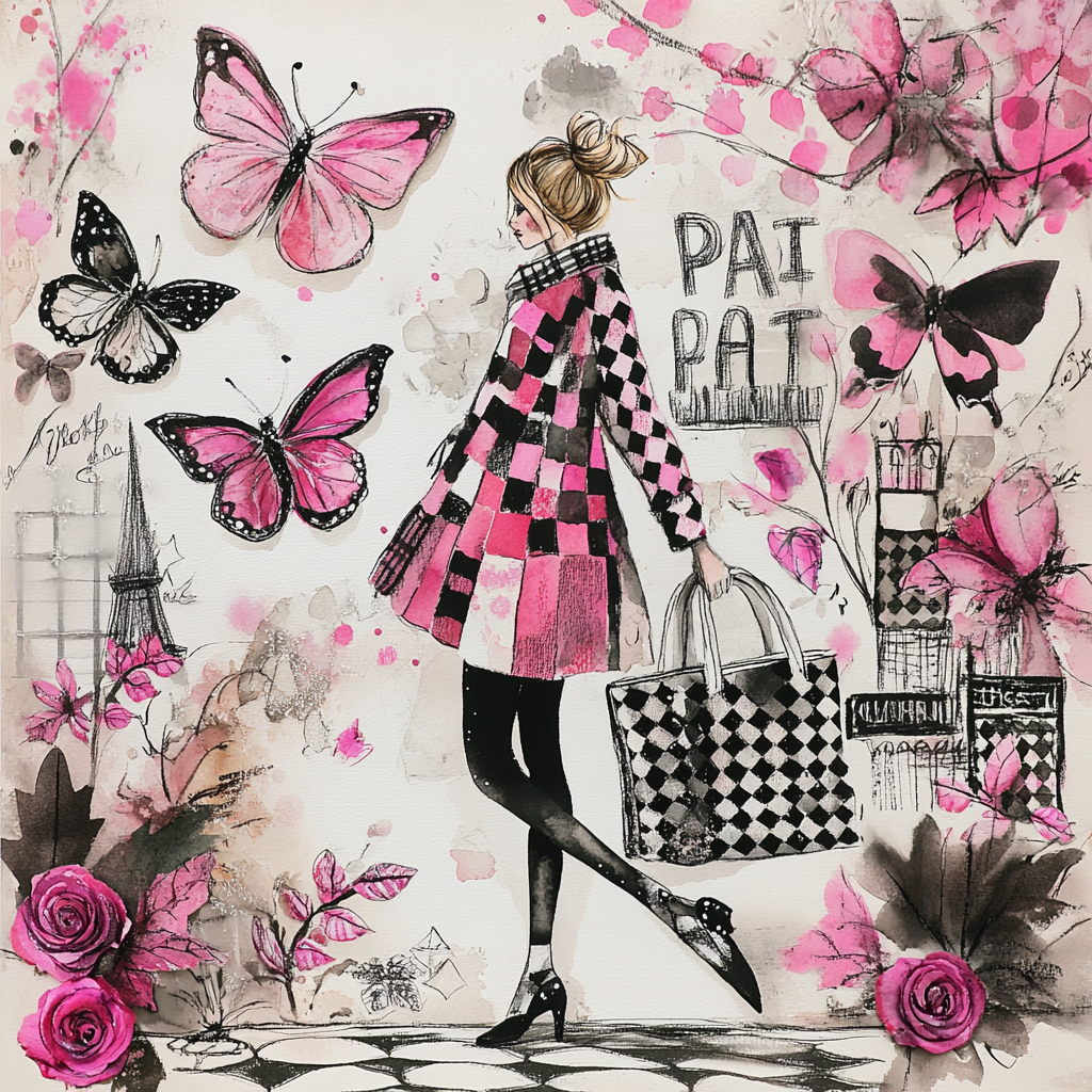 Watercolor illustration of girl shopping in Paris with butterflies