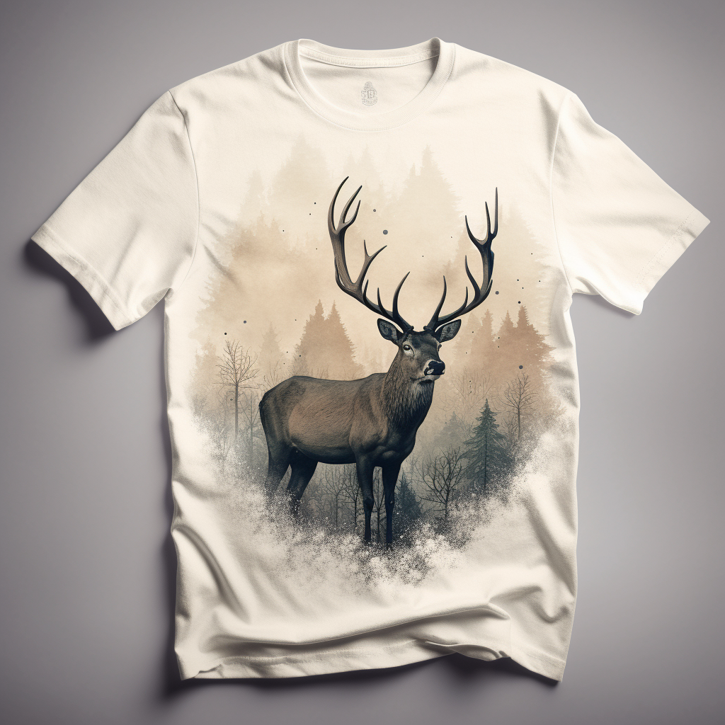 Watercolor illustration of stag in misty forest on shirt.