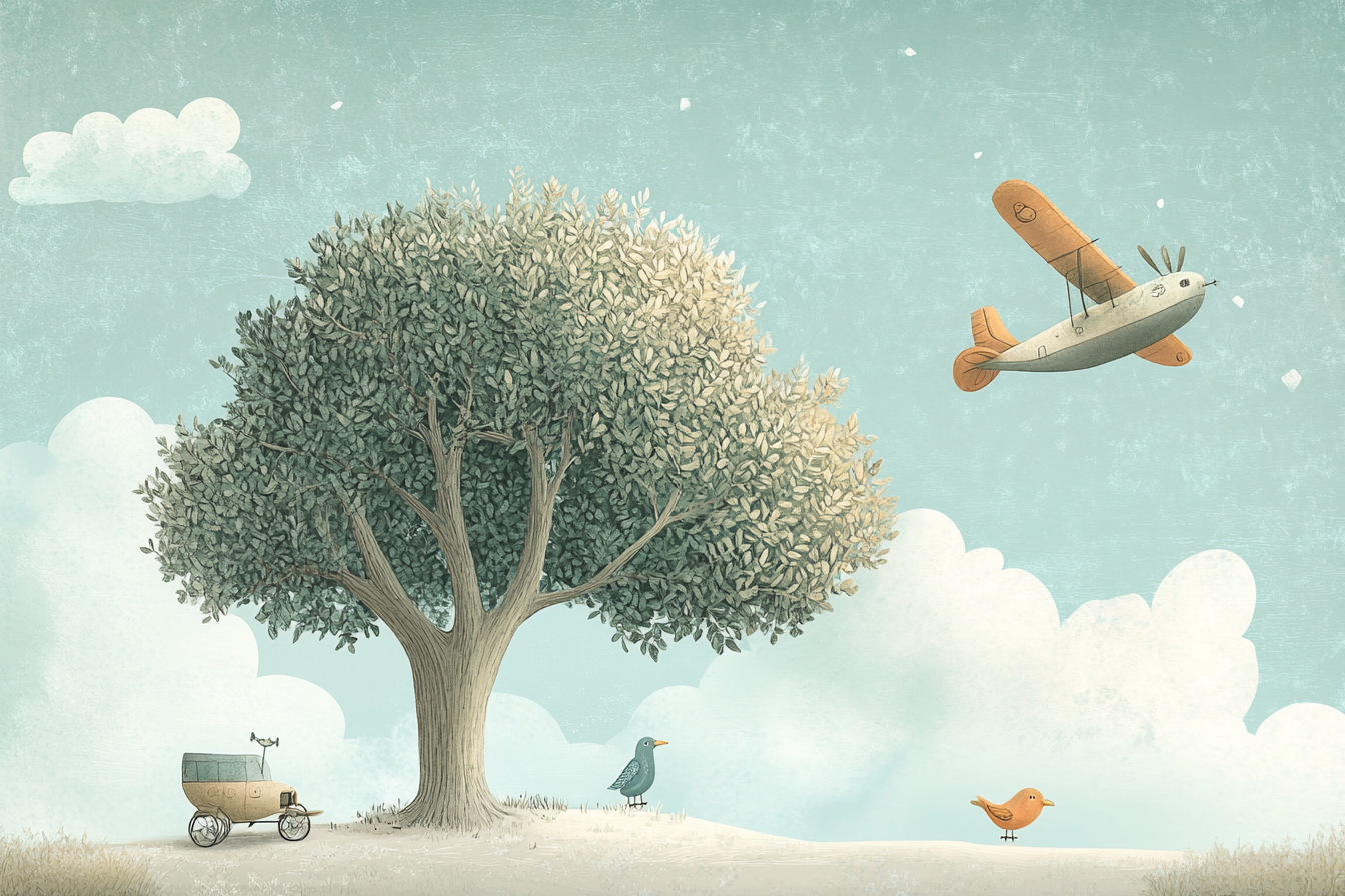 Whimsical illustration of olive tree with unique air vehicles.