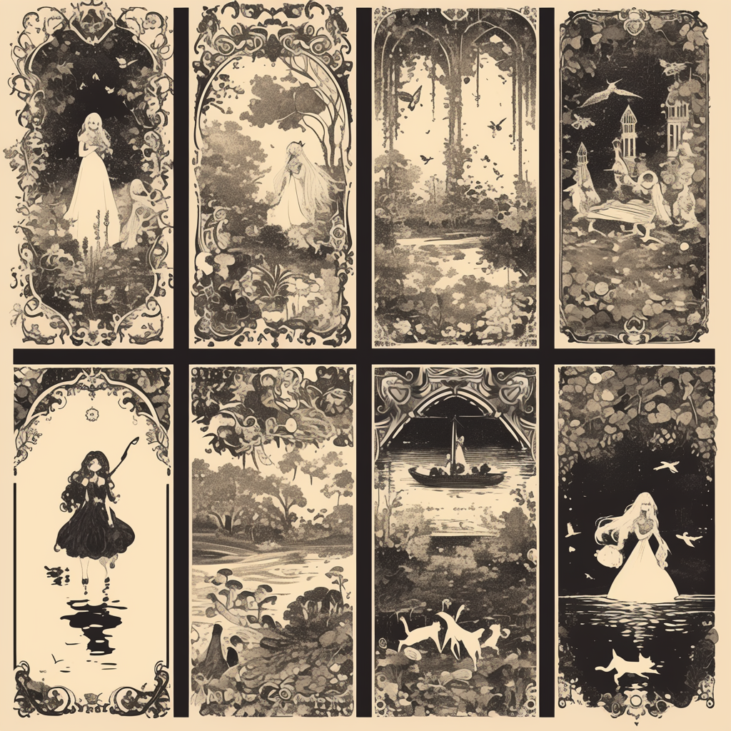 Whimsical vintage black and white illustration with fantasy elements.