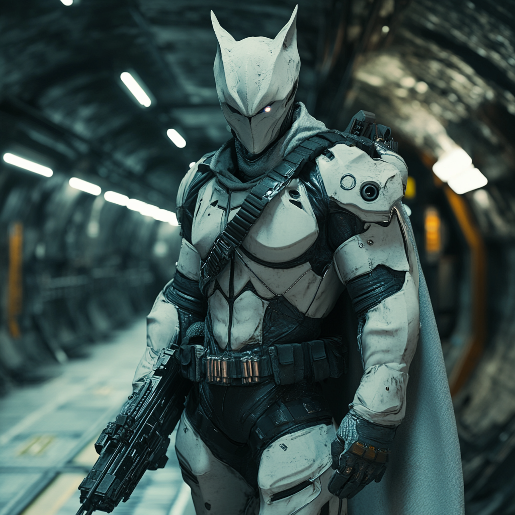 White bat humanoid holding futuristic weapon in dark tunnel.