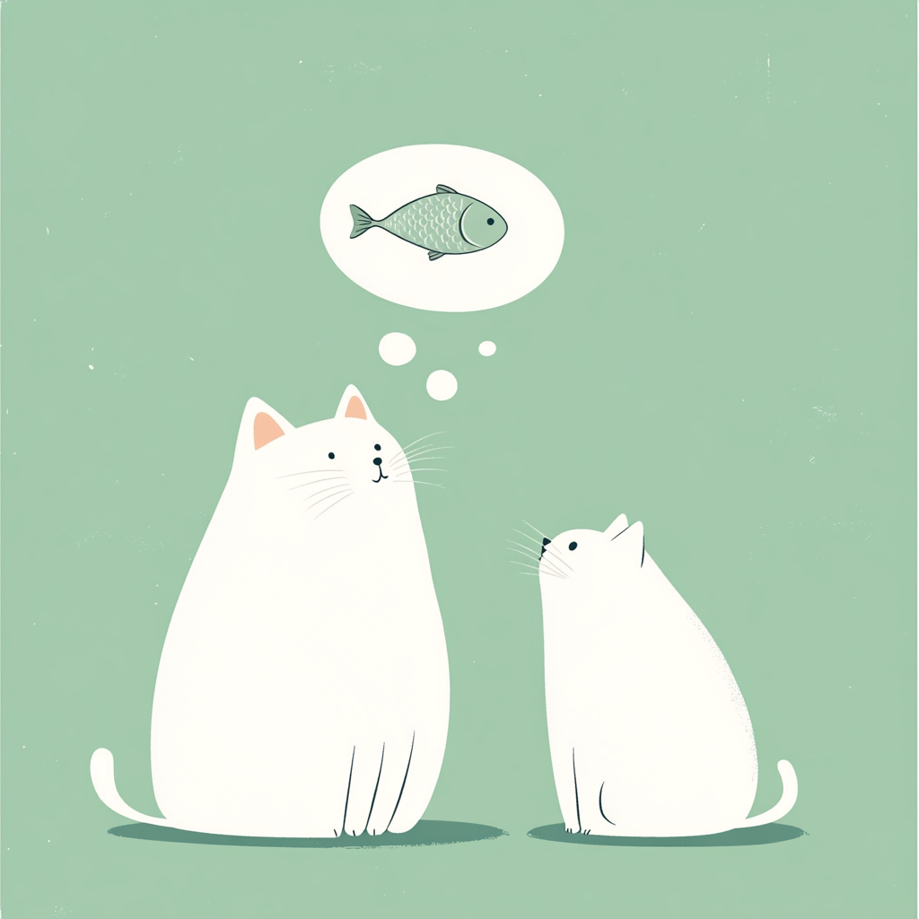 White cat gazes at fish in a thought bubble.