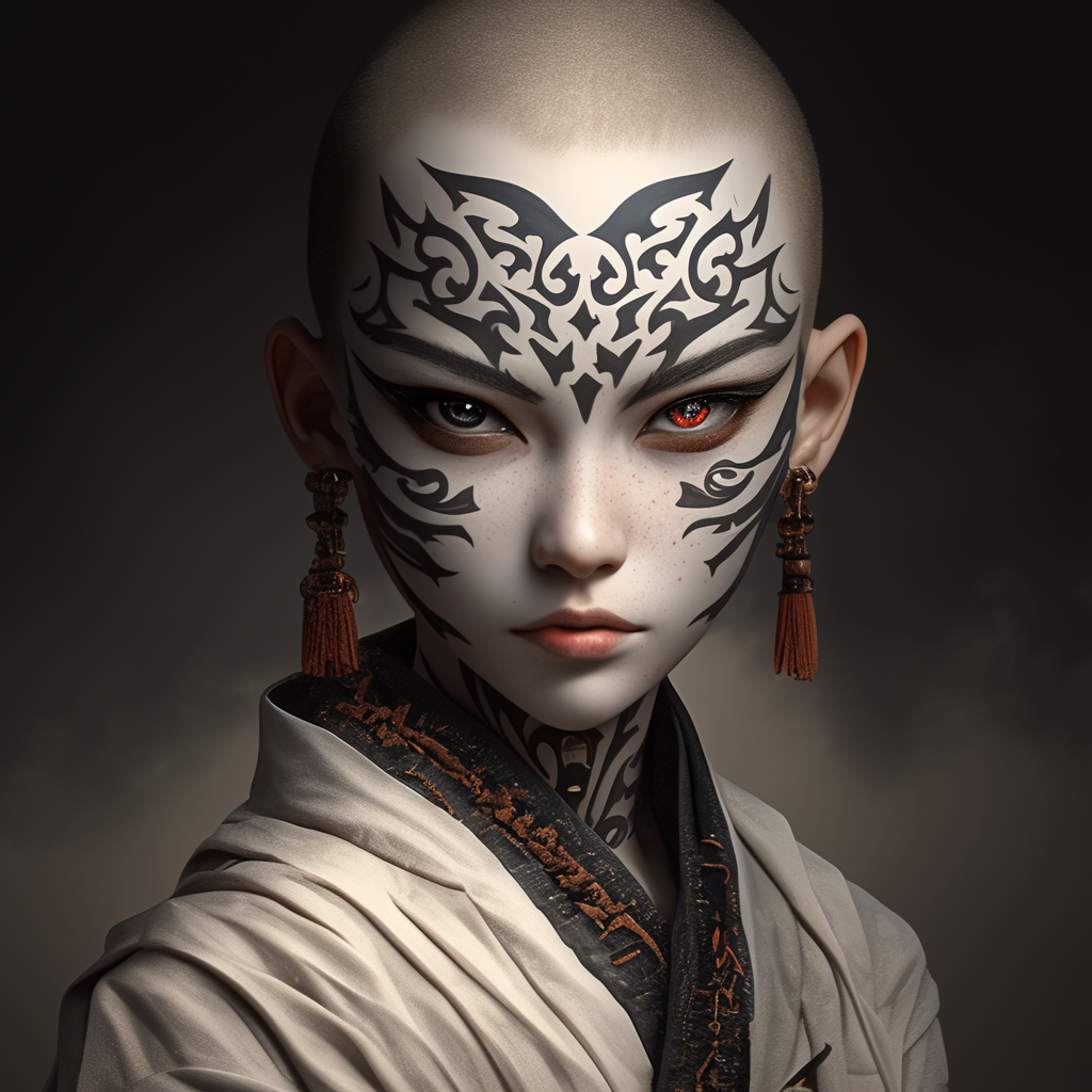 White costume, bald head, ruby eye, martial arts.