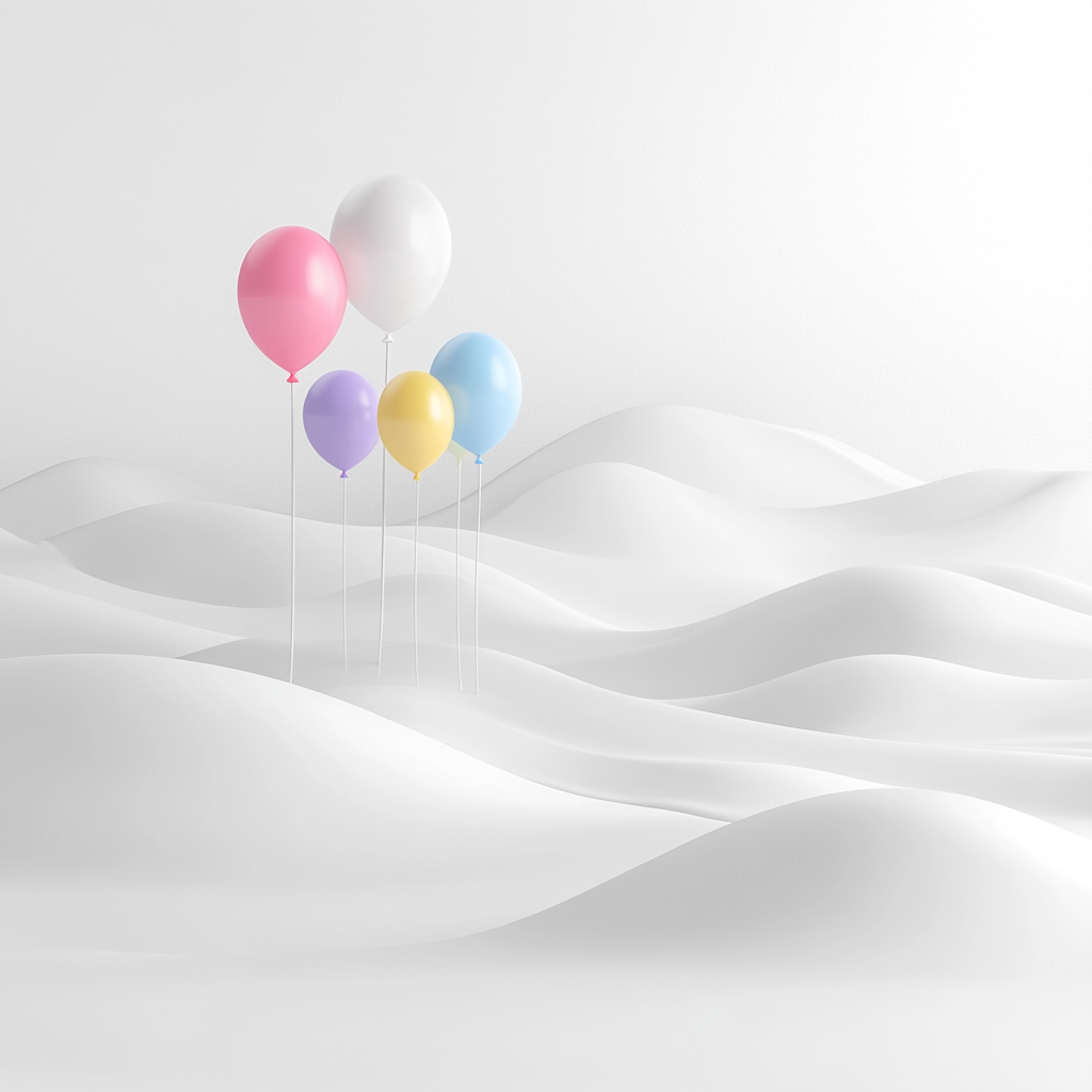 White landscape with colorful alphabet balloons, educational and inspiring.