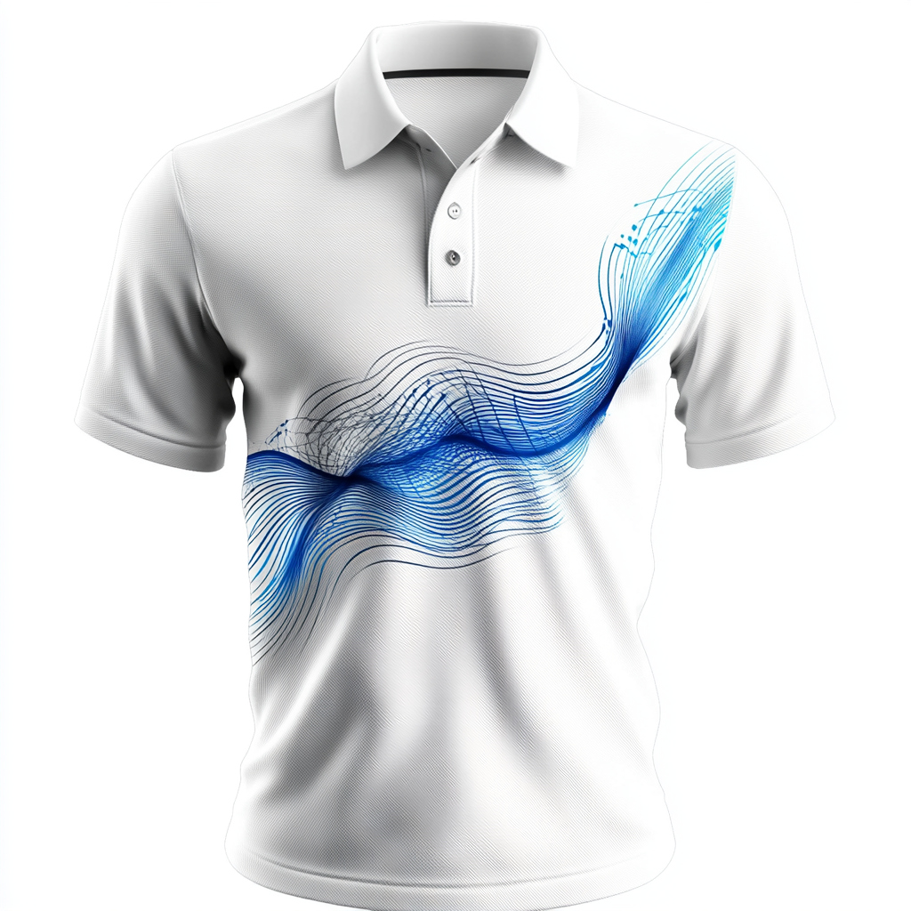 White polo shirt with tech symbols and blue curve.