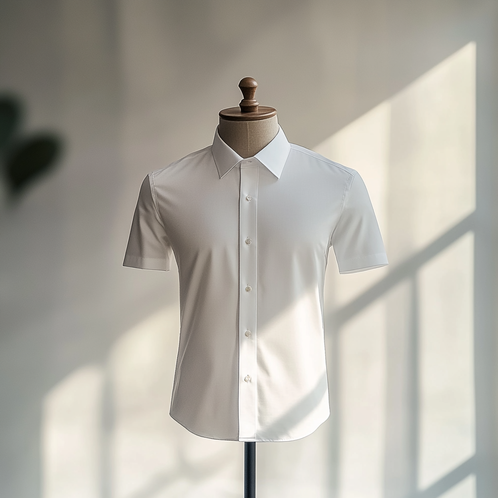 White short-sleeved shirt on mannequin, elegant display.