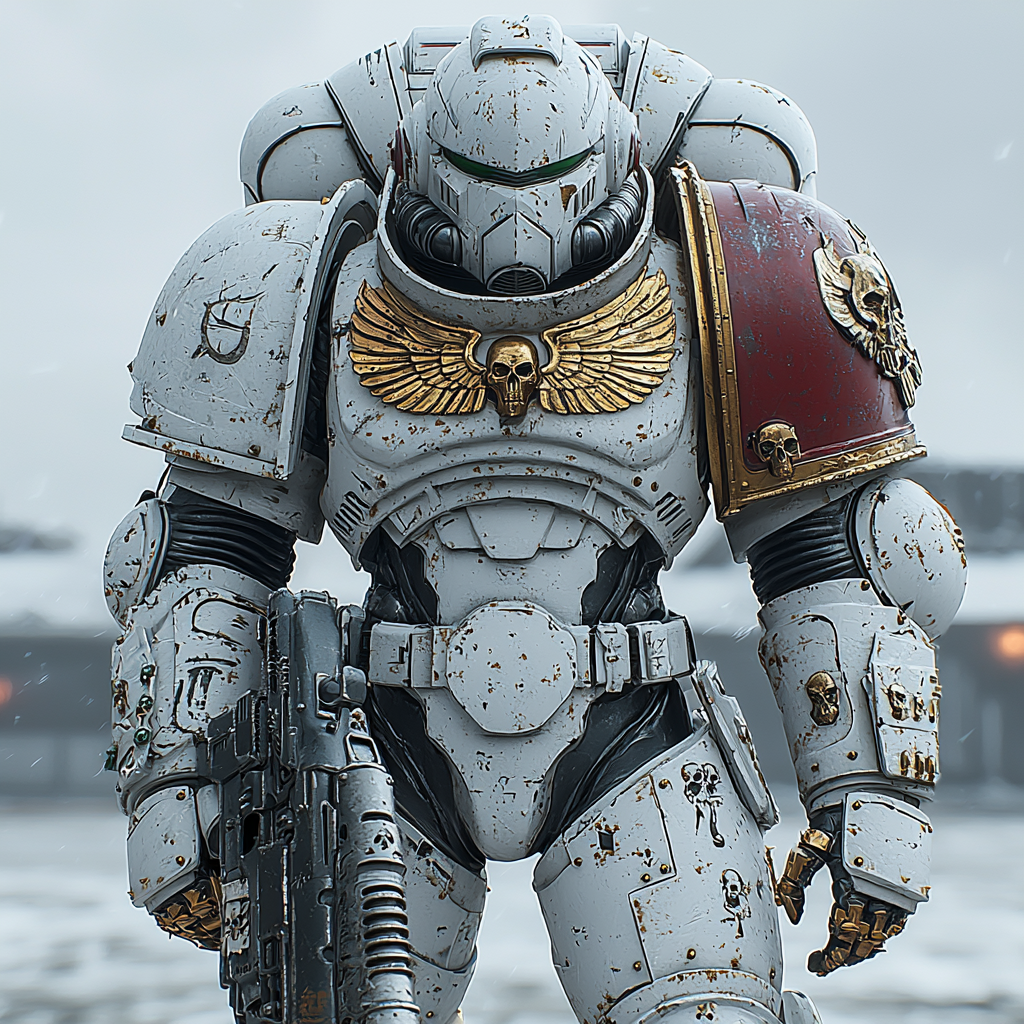 White space marine with red shoulder plates, armed.