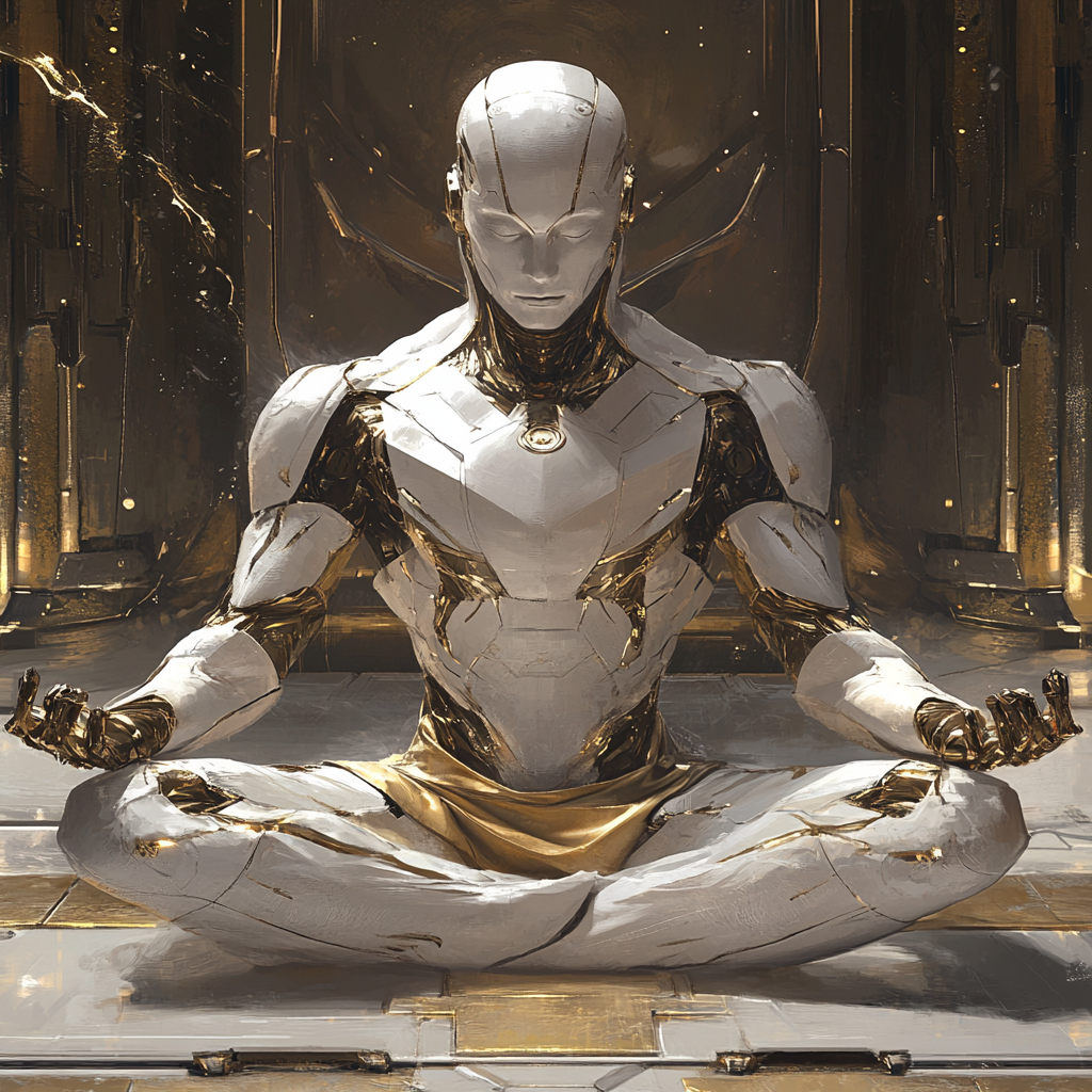 Wise robot guru in white armor meditating peacefully.