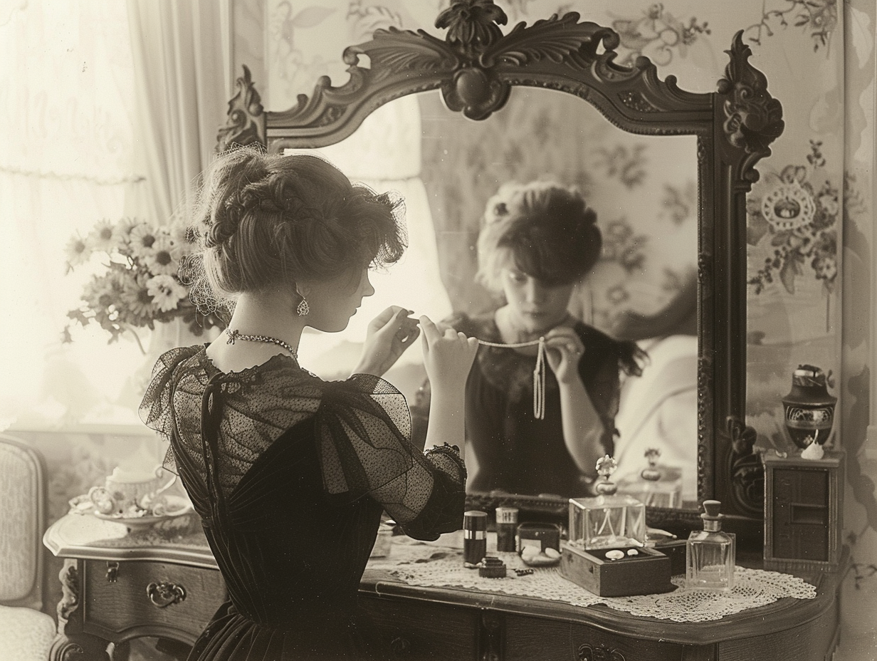 Woman choosing silver necklace against mirror in bedroom.