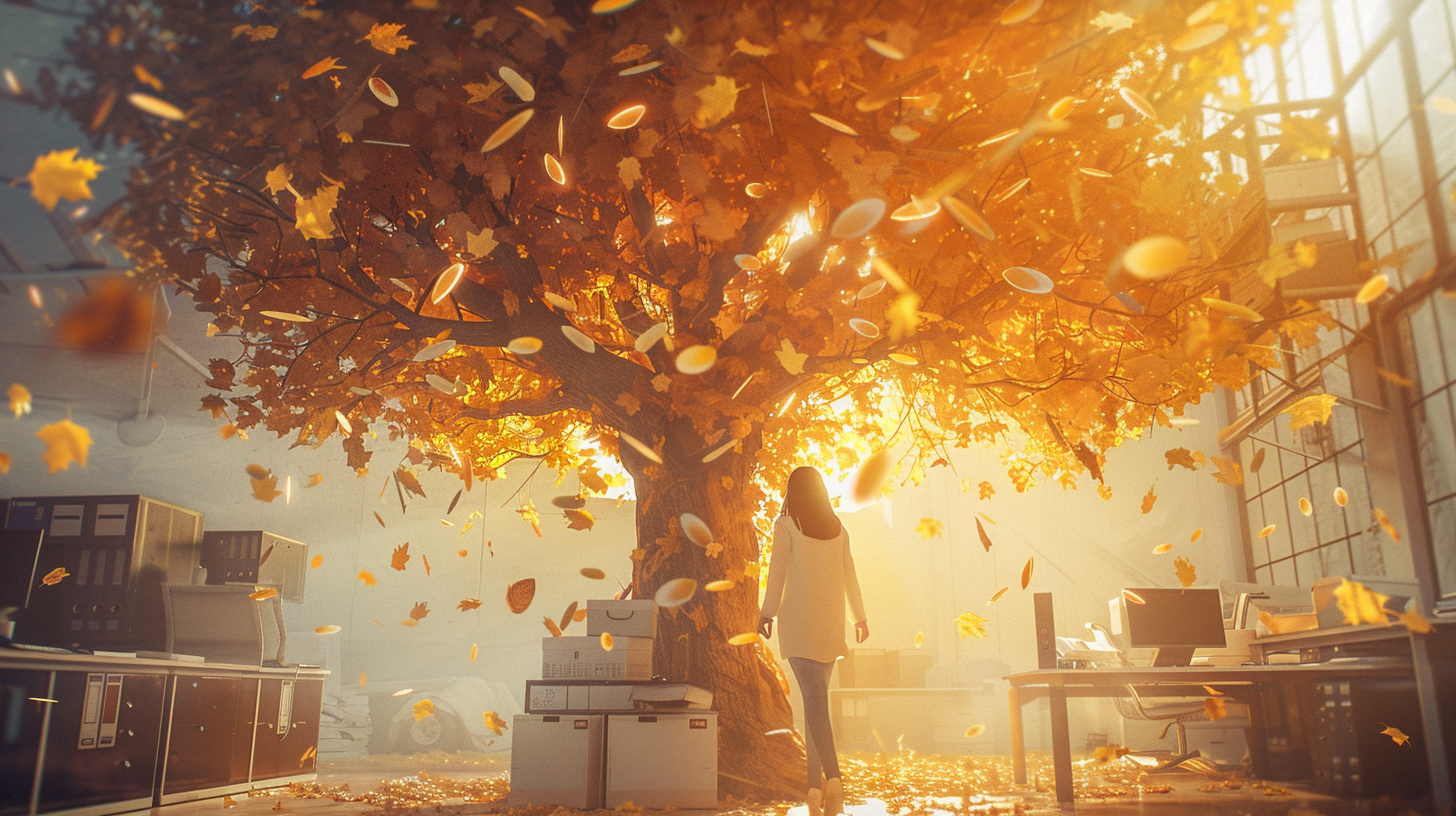 Woman climbing desk tree, golden leaves symbolize success.