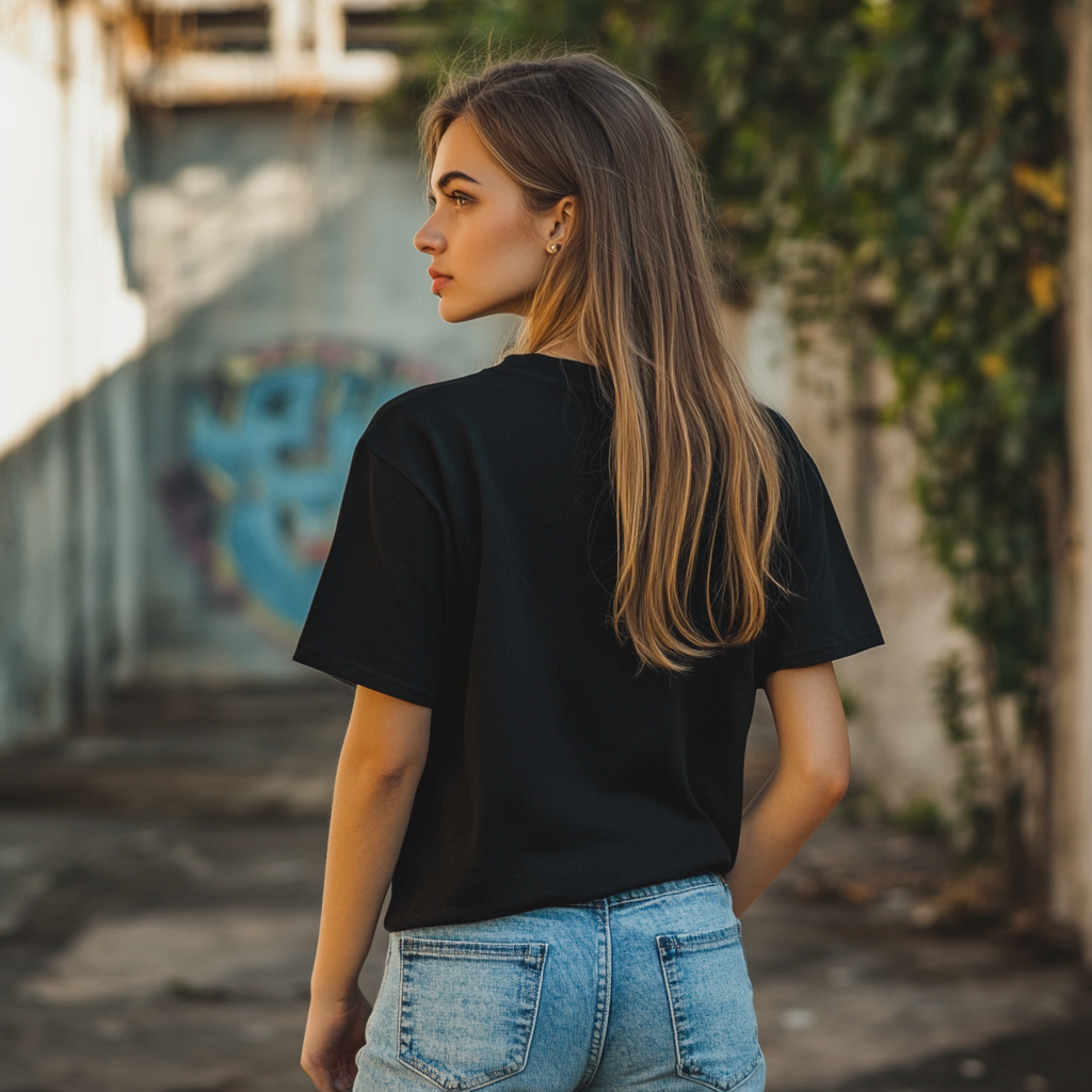 Woman in black t-shirt posing in urban setting.