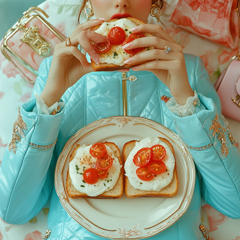 Woman in blue jacket eating two pieces of toast.