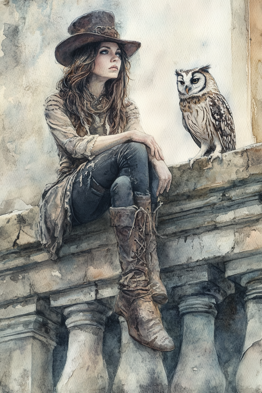 Woman in boots and top hat on balcony with owl.