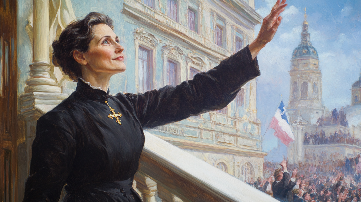 Woman in forties waving from balcony, successful political career