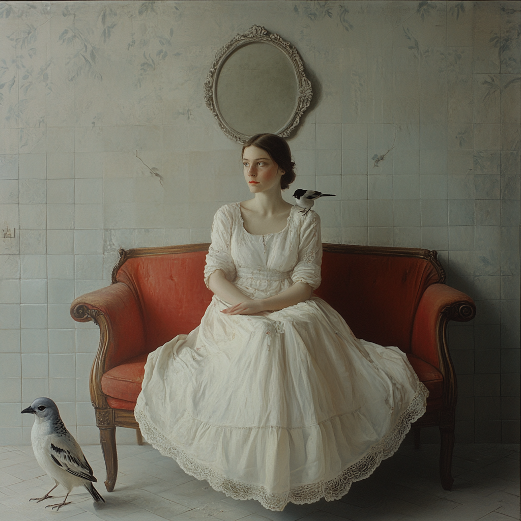 Woman in white dress with sparrows on her shoulder.