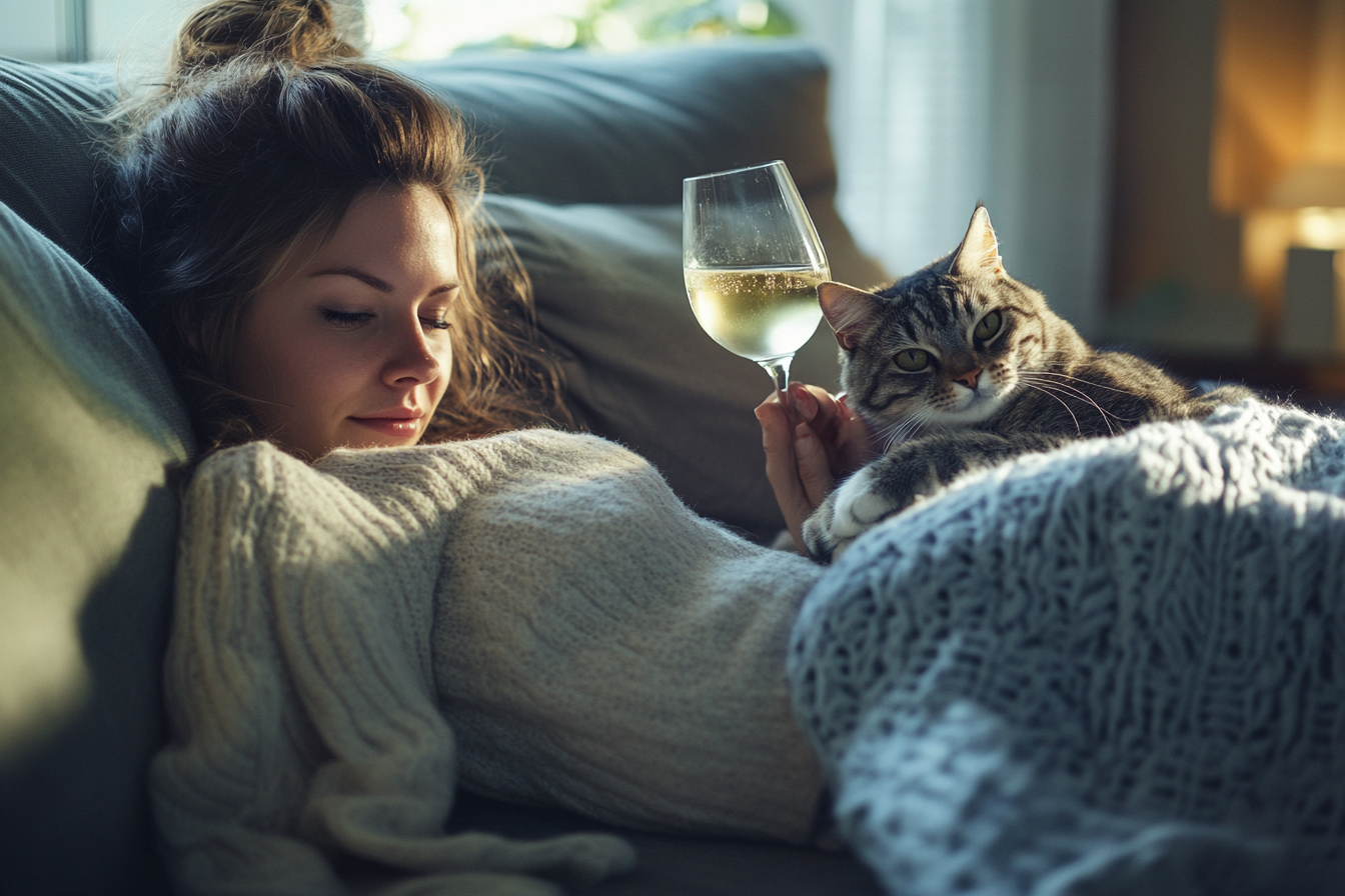 Woman relaxing on couch with cat, glass of wine.