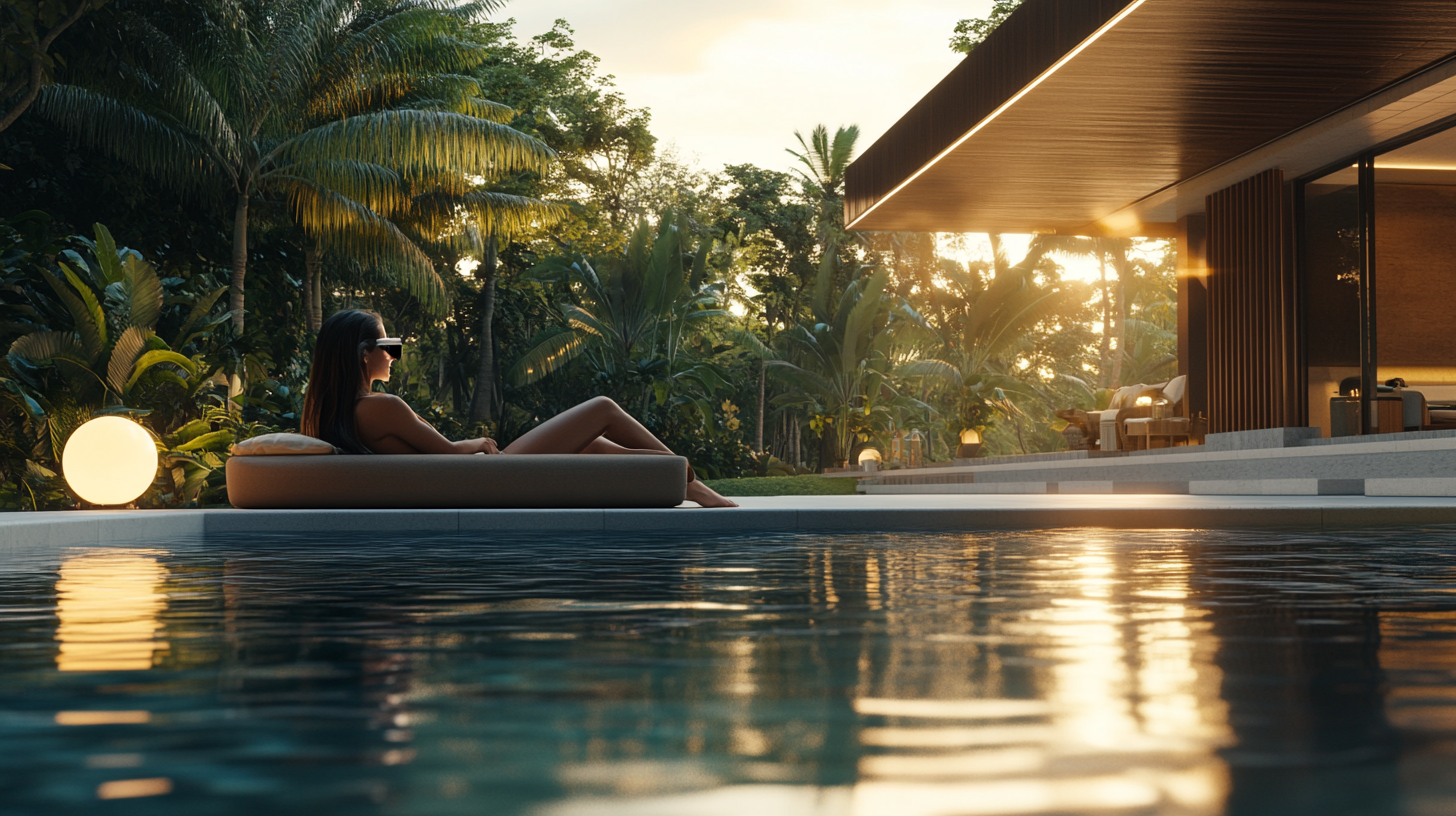 Woman wearing Apple Vision Pro sunglasses, viewing luxury homes.