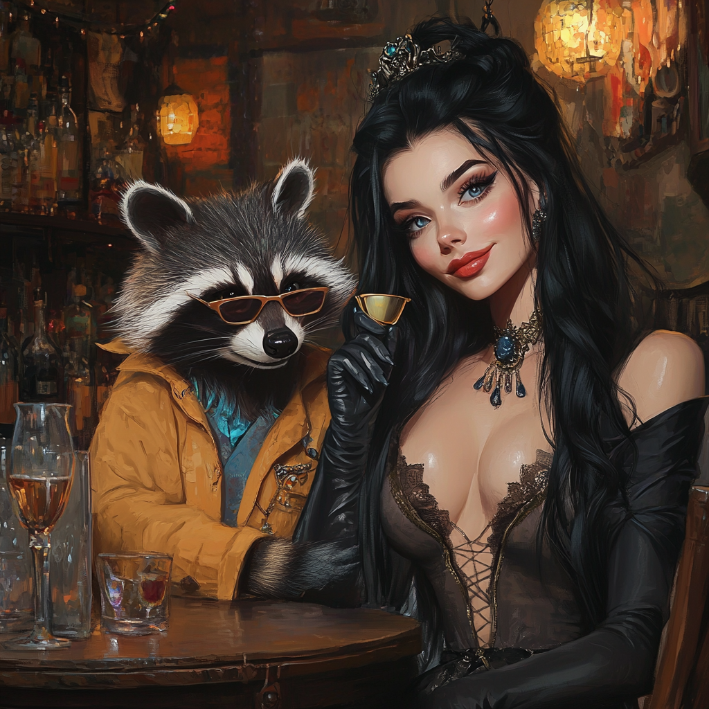 Woman with black hair at bar conversing with raccoon.