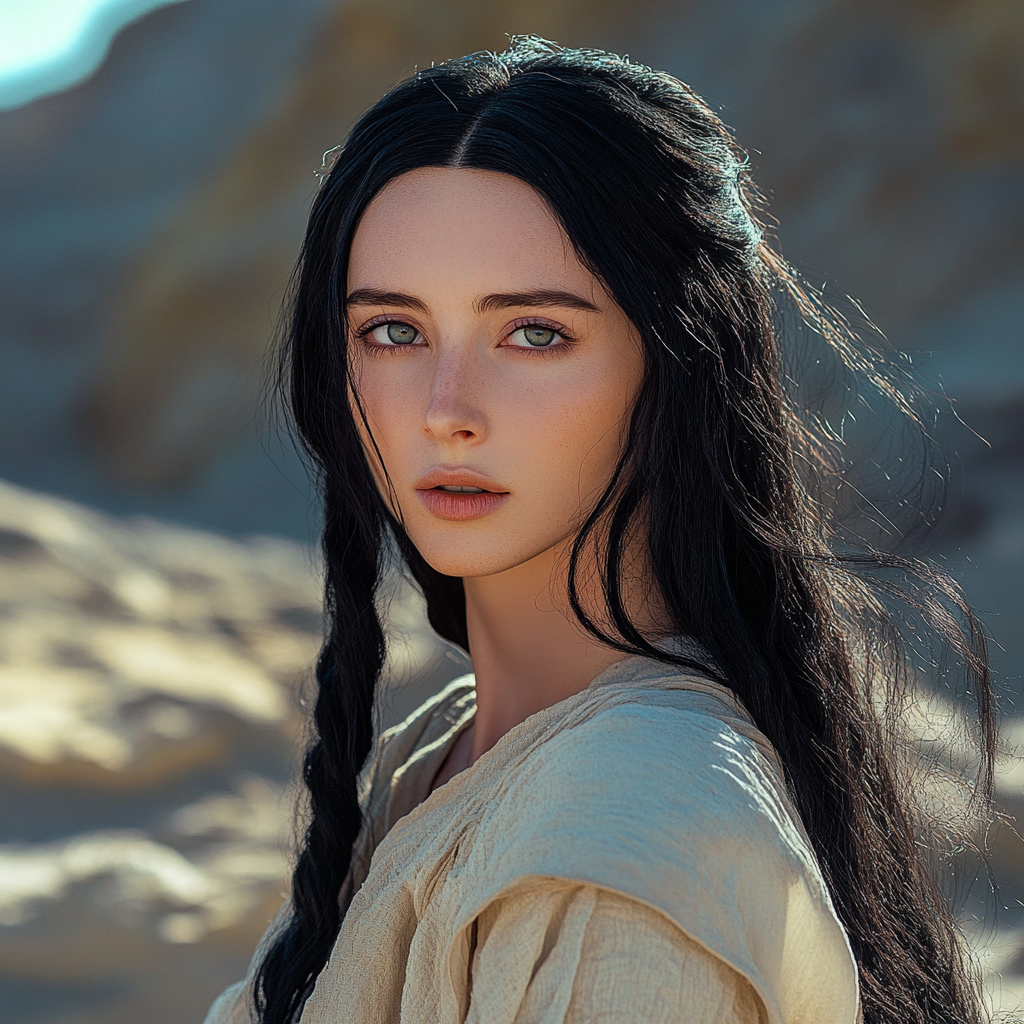 Woman with black hair in desert looks like Galadriel.