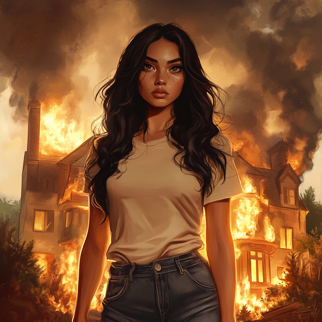 Woman with long black hair stares at burning mansion.