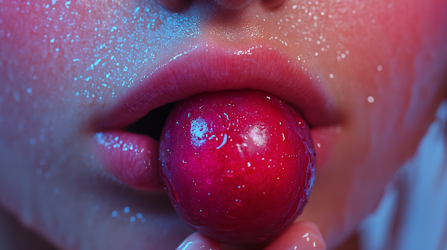 Woman with plum in mouth, lips closeup, pastelcore style.