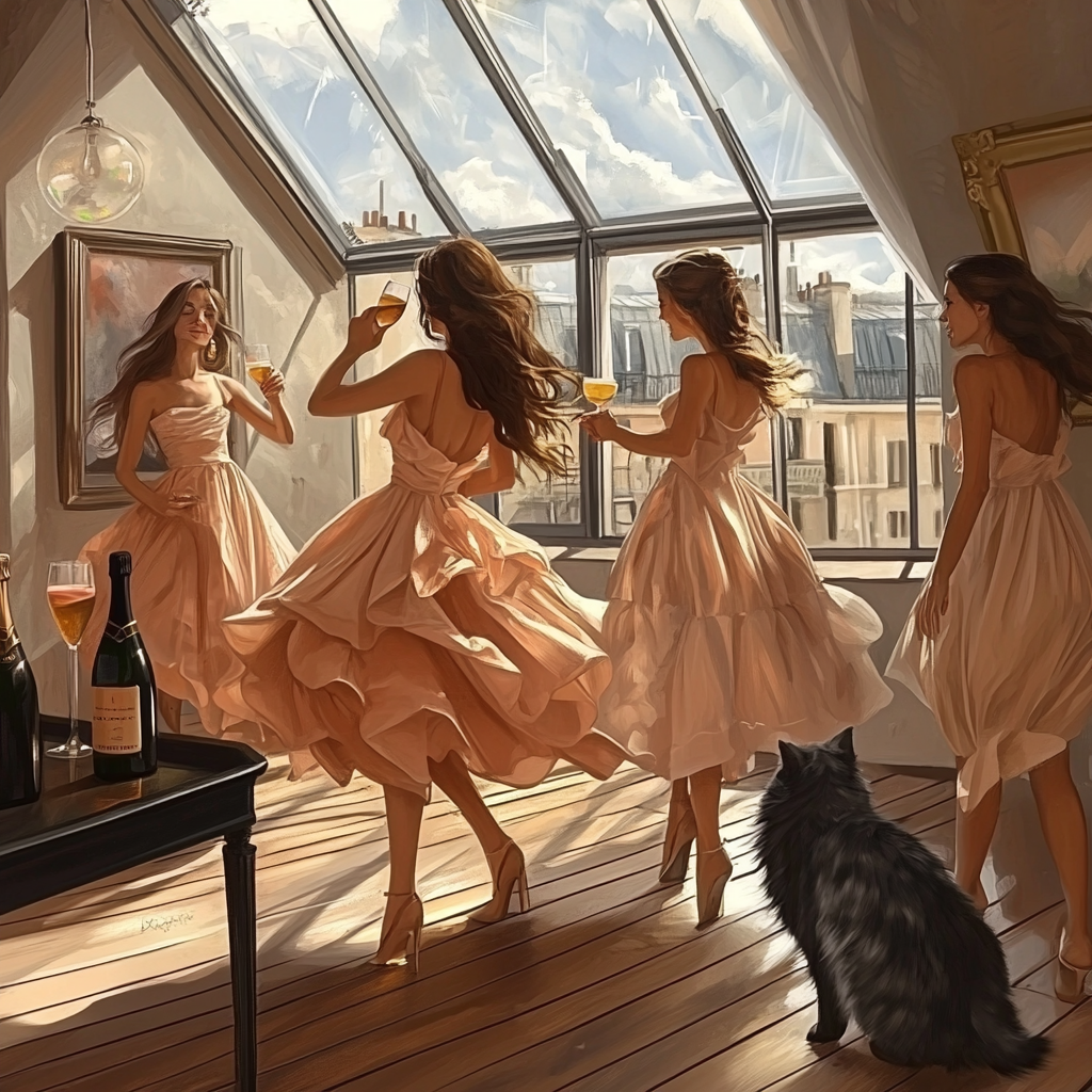 Women dancing, loft with glass roof, paintings on walls.