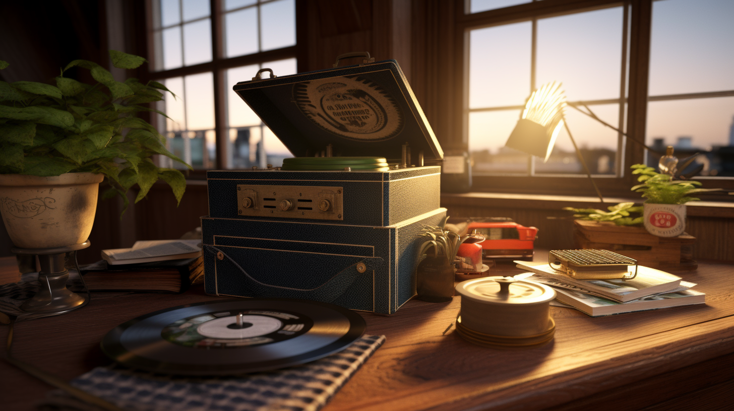 Wooden table, rolling papers, grinder, cannabis buds, neon lighting, smoke, vinyl records, record player.CenterScreen composition.