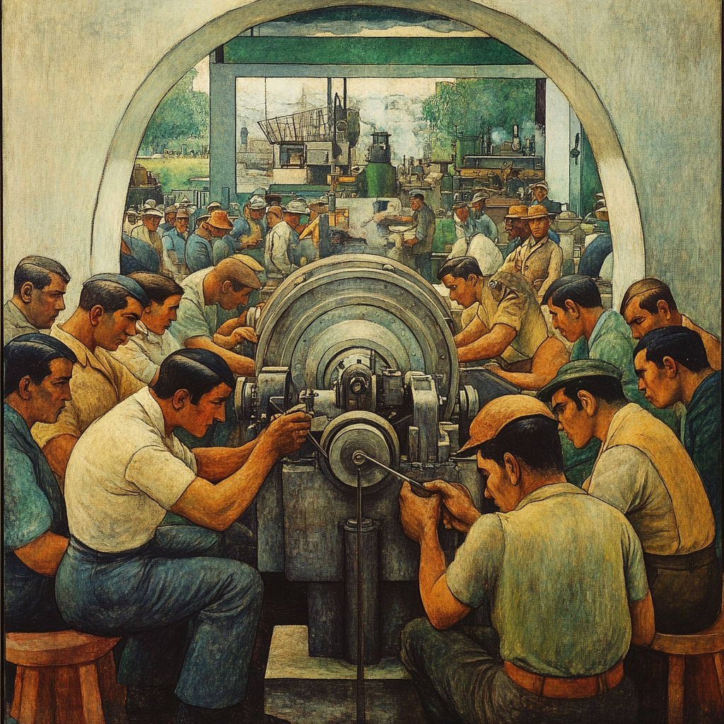 Worker watching engineer build engine in busy factory.