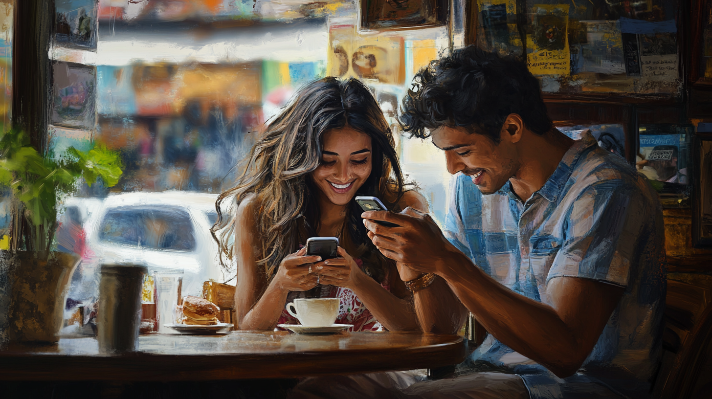 Young Brazilian men and women looking at phone, happy.