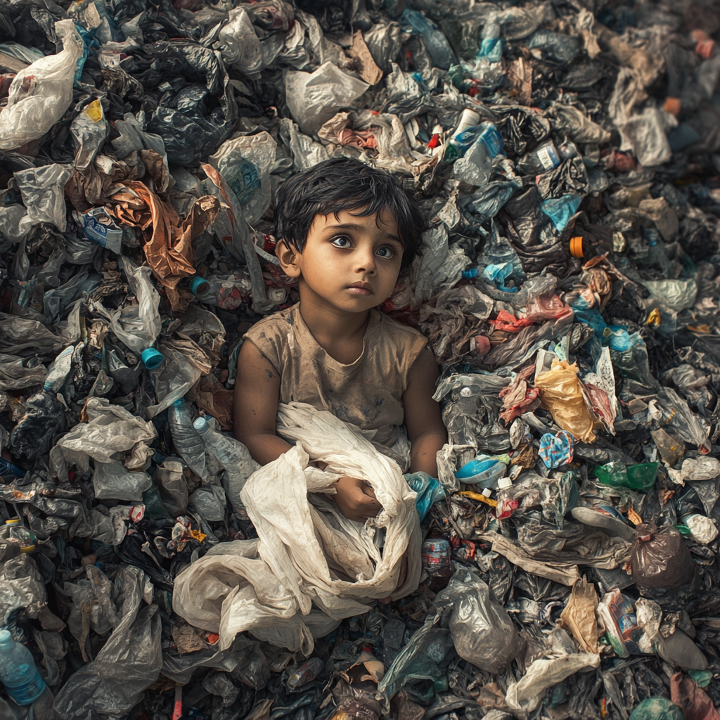 Young child in landfill surrounded by plastic waste.