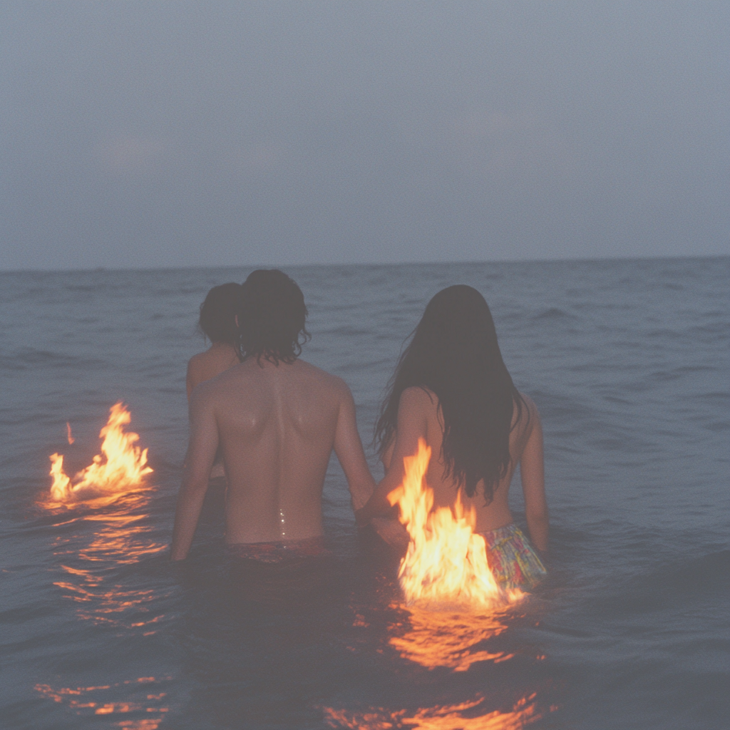 Young lover couple walking into burning sea at sunset.