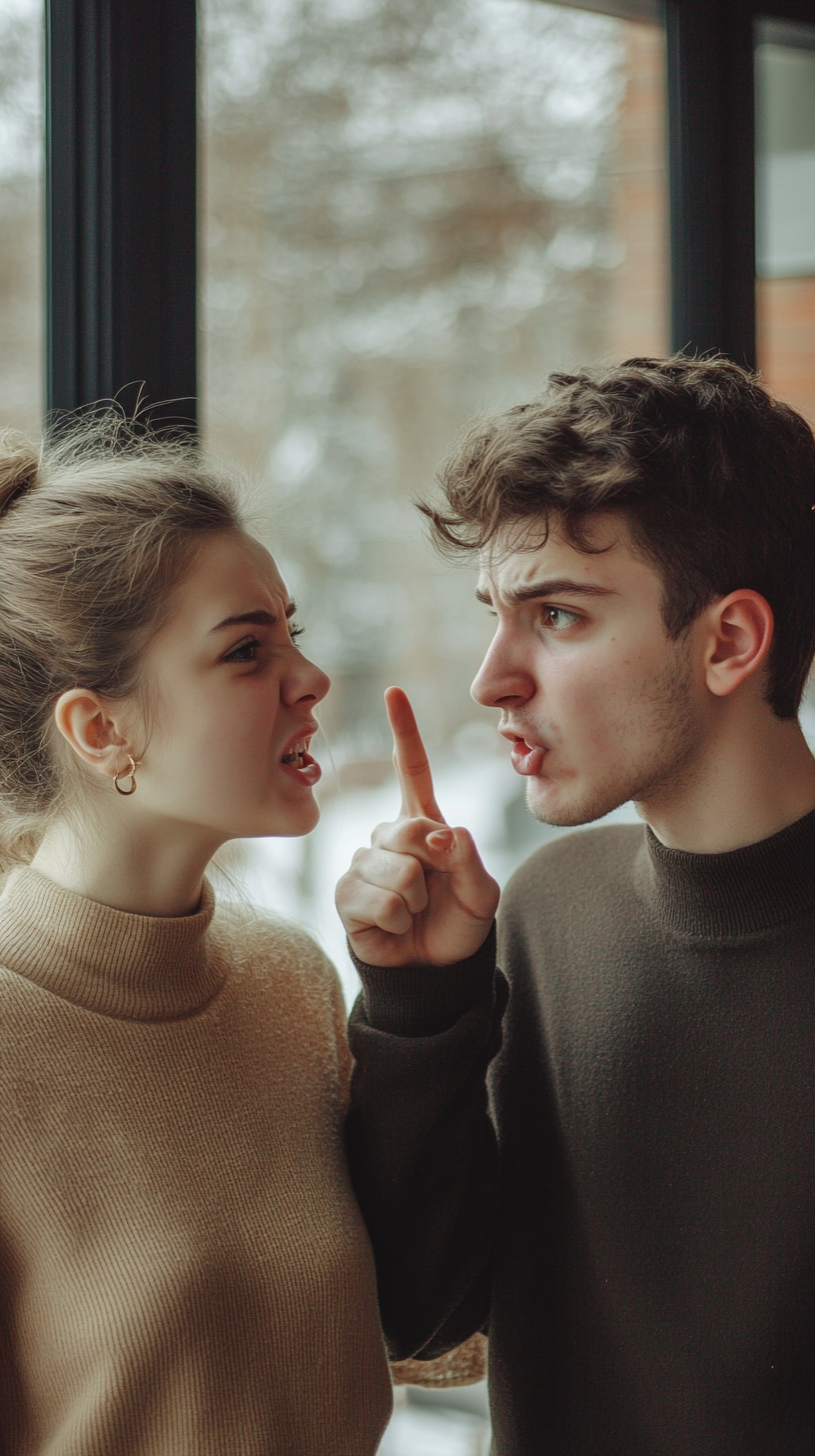 Young man and girlfriend arguing, girlfriend pointing finger angrily.