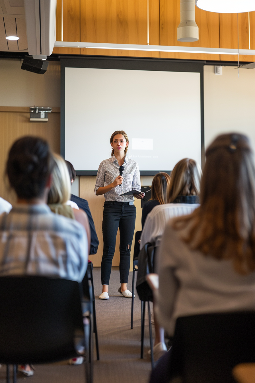 Young professional practicing speech in modern classroom setting.