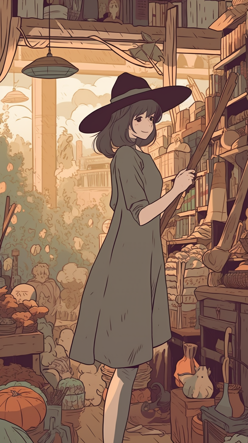 Young witch shopping with broom in whimsical magical marketplace.