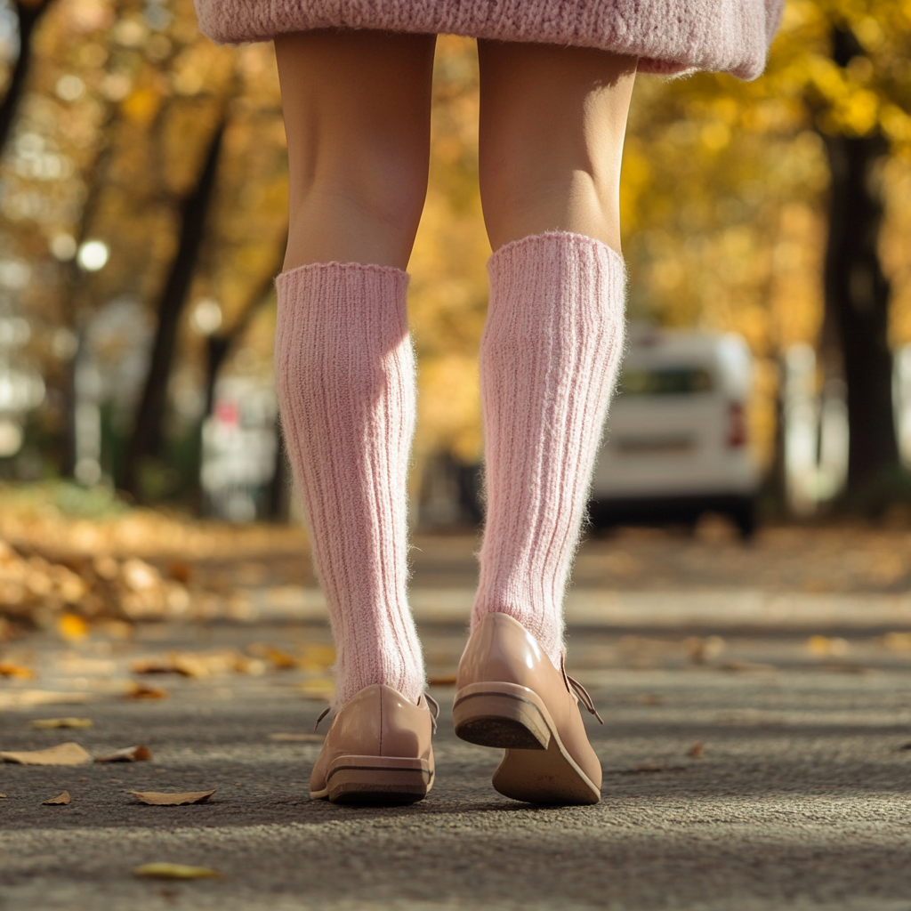 Young woman in pink woolen short socks on street