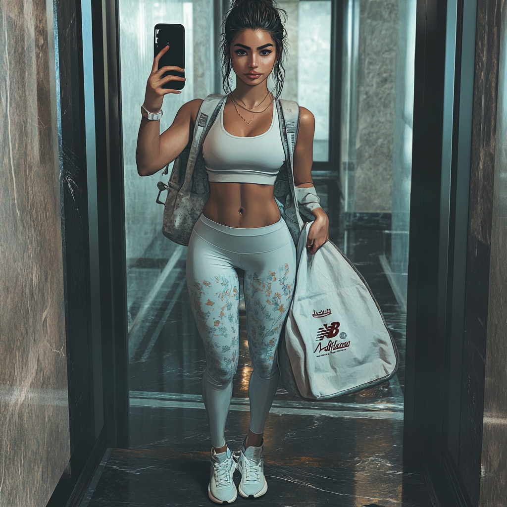 Young woman in yoga outfit taking elevator selfie.