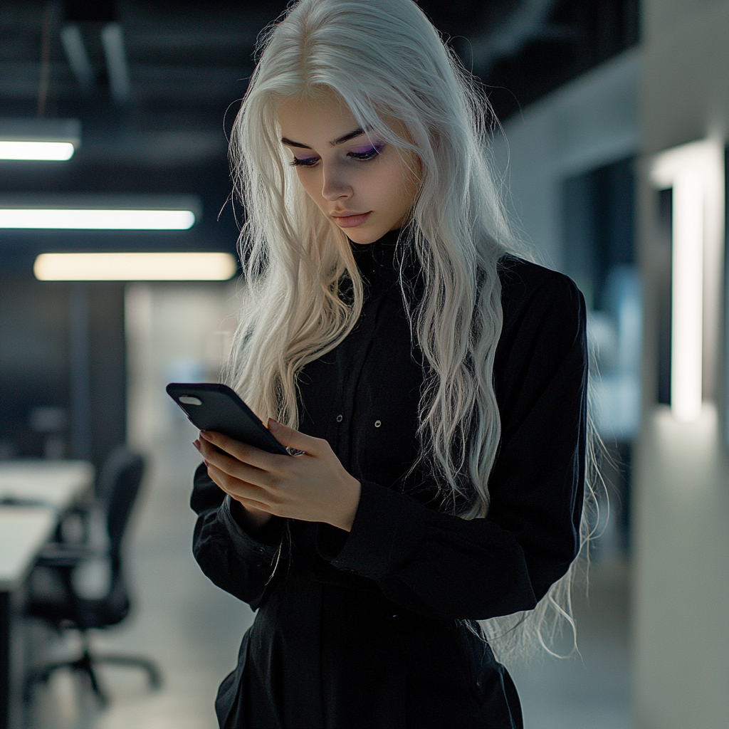 Young woman with white hair and lilac eyes.