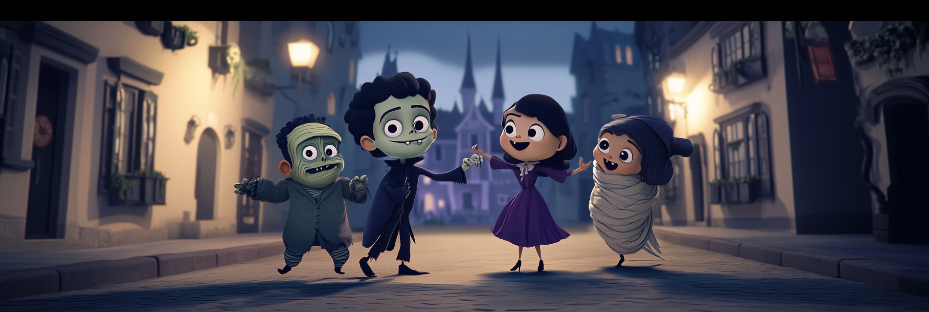 Youthful Cartoon Characters in Playful Halloween Scene