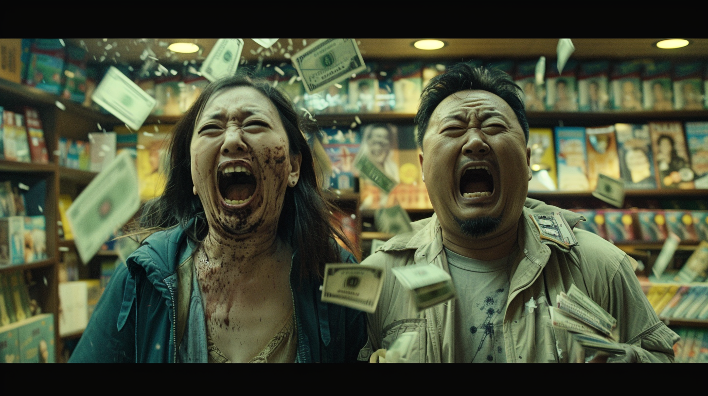 Zombie couple arguing in bookstore with falling money.