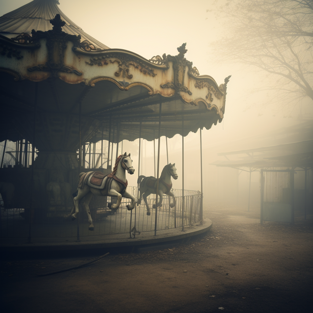 Abandoned schoolyard carousel horse in fog