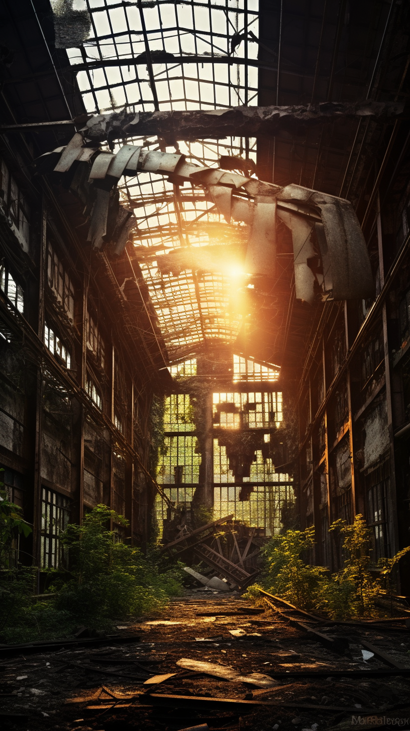 Abandoned factory with rusty hooks and broken windows