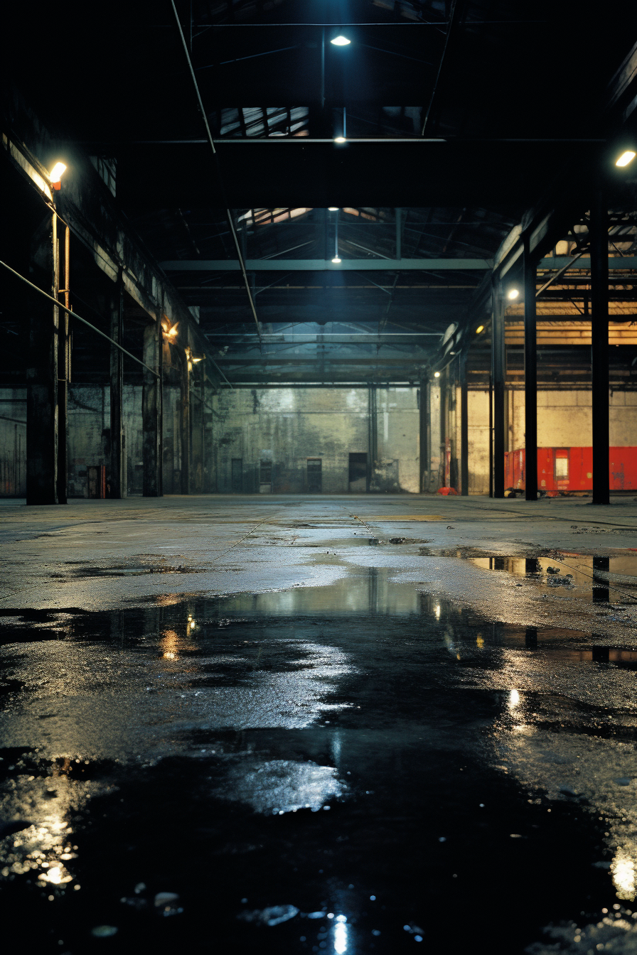 Abandoned warehouse interior at night with iconic presence